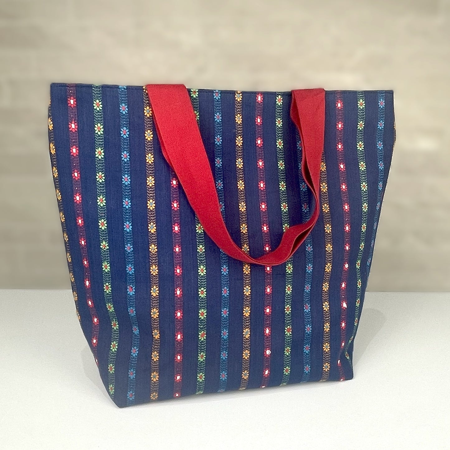Large Navy Flowers Tall Bag