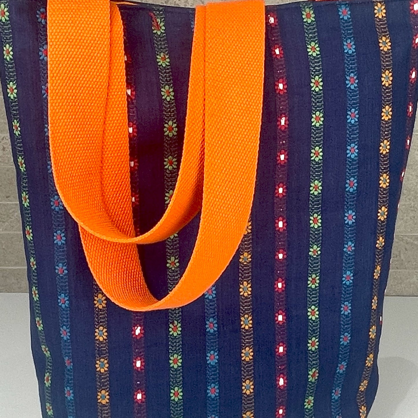 Large Navy Flowers Tall Bag
