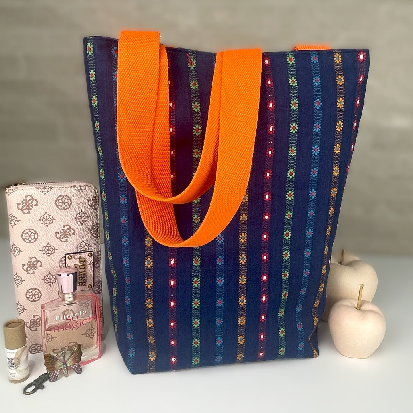 Large Navy Flowers Tall Bag