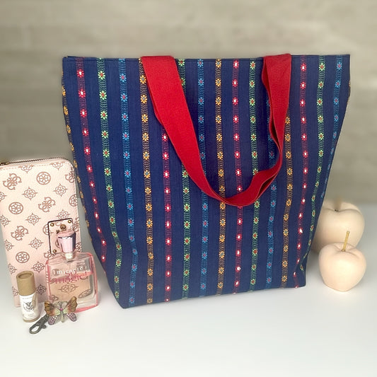 Large Navy Flowers Tall Bag