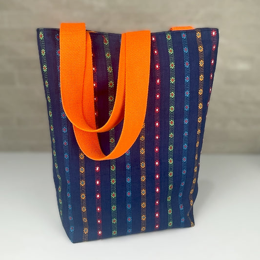 Large Navy Flowers Tall Bag
