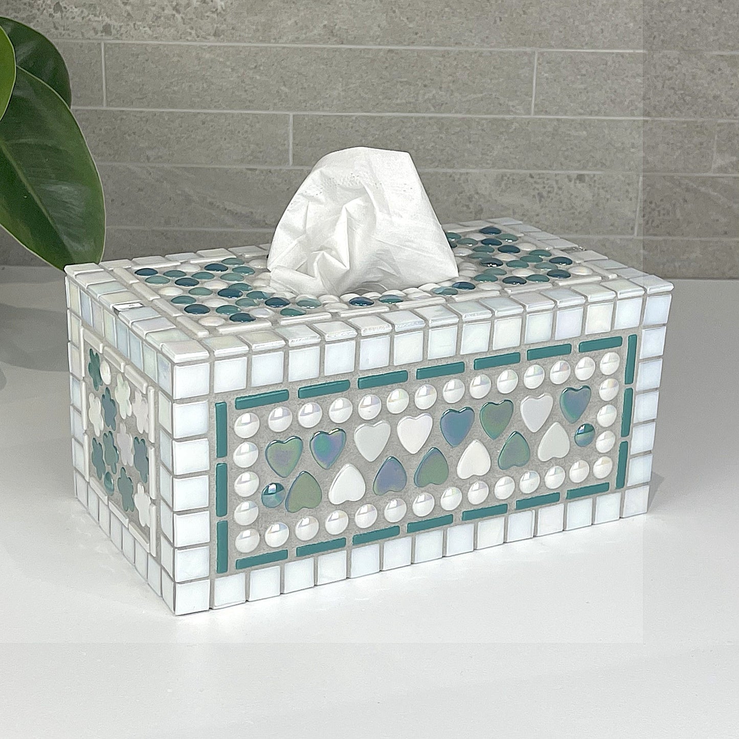 White and Teal, Hearts and Flowers Tissue Box Cover