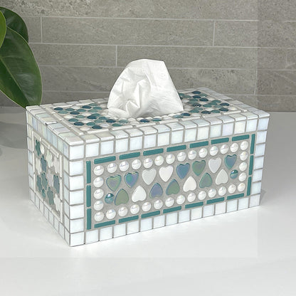 White and Teal, Hearts and Flowers Tissue Box Cover