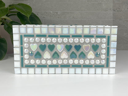 White and Teal, Hearts and Flowers Tissue Box Cover