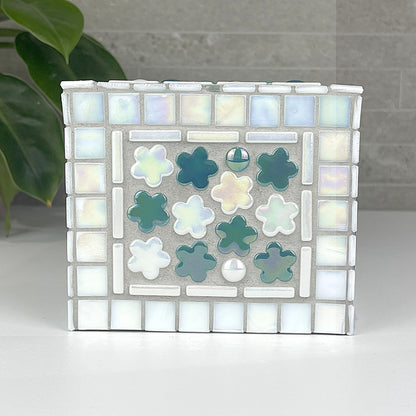 White and Teal, Hearts and Flowers Tissue Box Cover